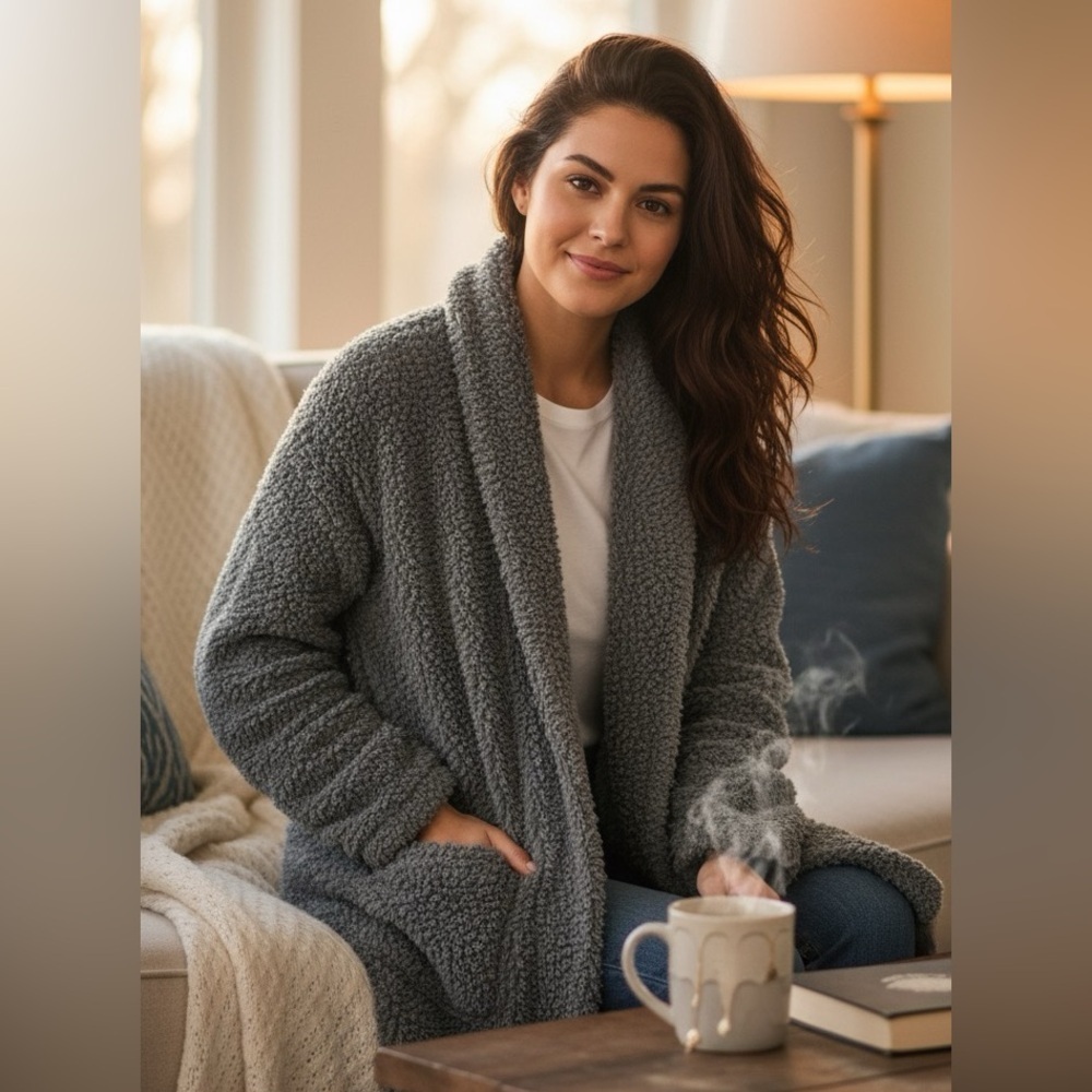Natori Fuzzy Gray Pocket Cardigan Jacket